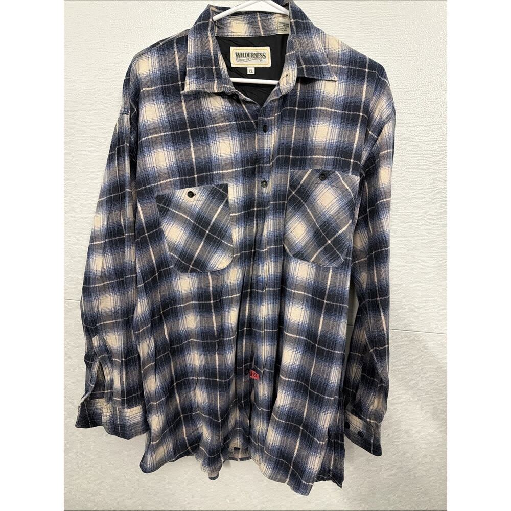 Vintage Wilderness Button Down Flannel Shirt Adult XL Blue Plaid 90s Outdoors